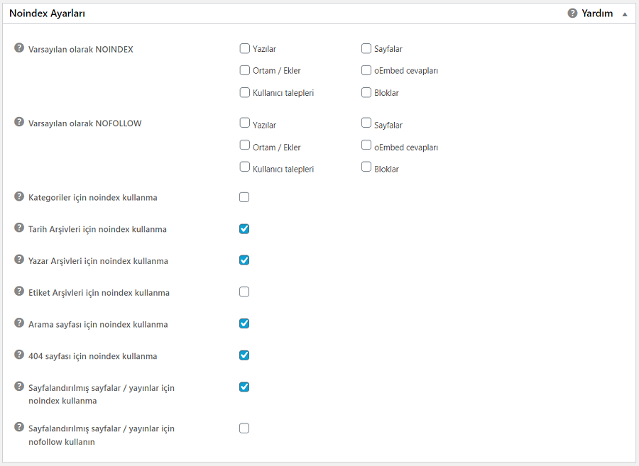 Noindex Ayarları