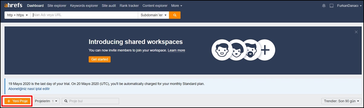 ahrefs yeni proje